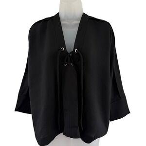 IRO Blouse Womens 34 Black Lace Up V Neck 3/4 Sleeve‎ Alis Grommet Polyester Top